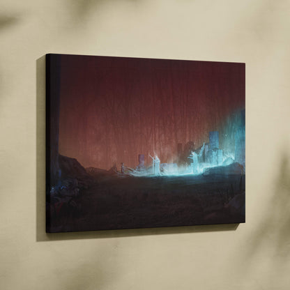 Dark fantasy necromancer canvas print with glowing blue ghost ruins against a deep red sky for gothic decor