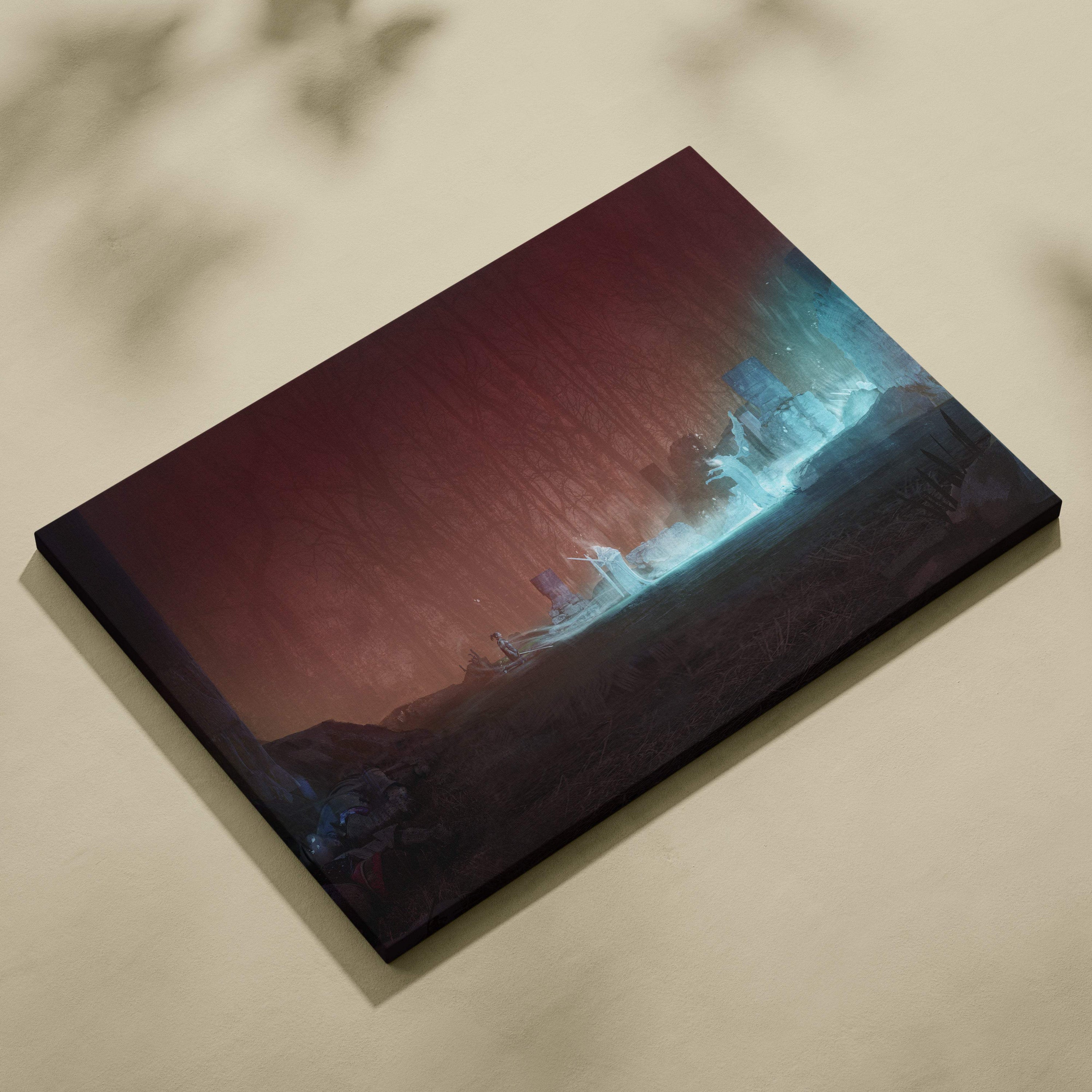 Dark fantasy necromancer canvas print with moody abstract landscape in deep reds and glowing blues for gothic decor