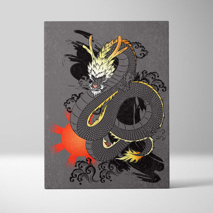 Gray Japanese dragon canvas wall art with black and gold stylized dragon on textured gray background for game room decor