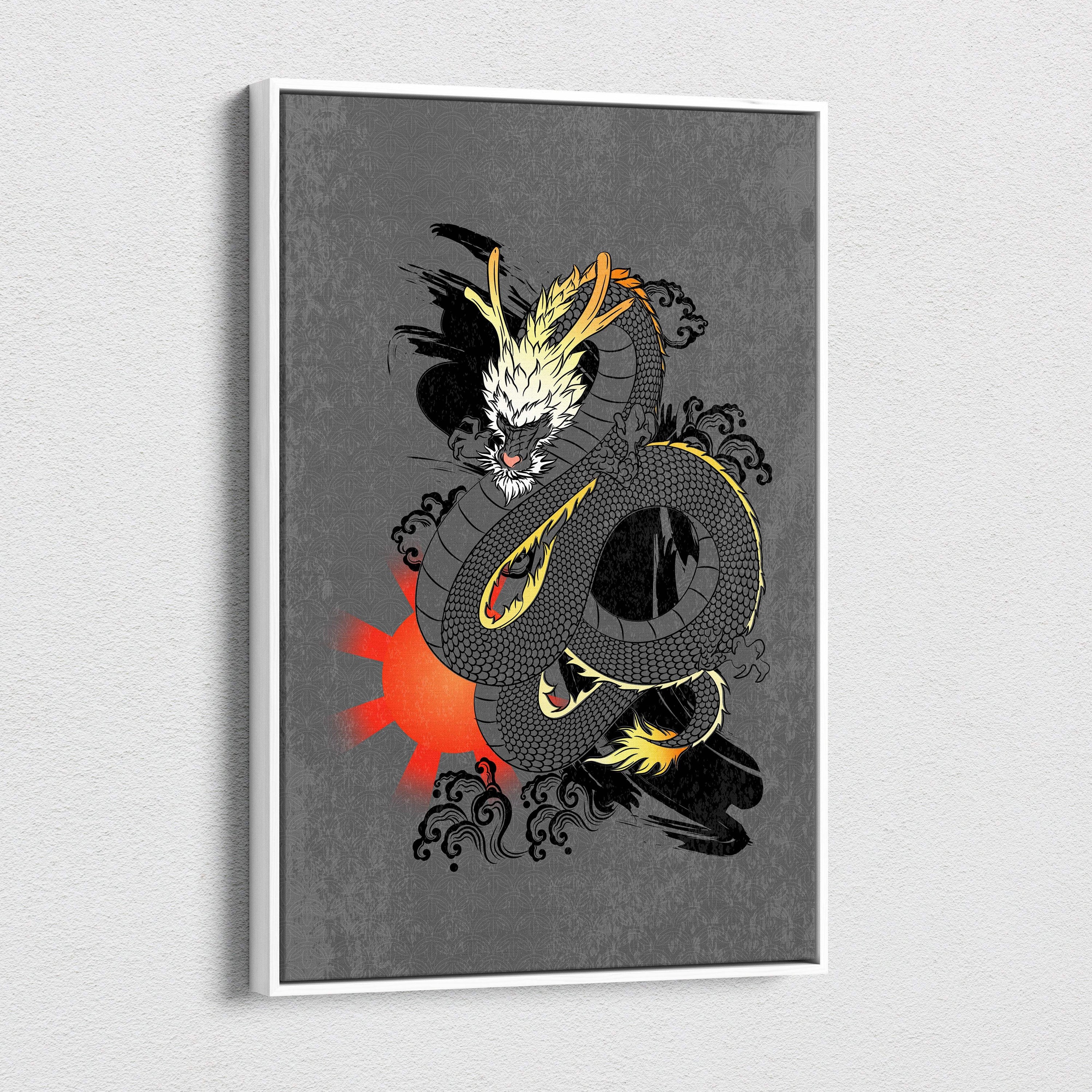 A framed gray japanese dragon canvas print featuring a black and gold stylized dragon with white accents on textured background
