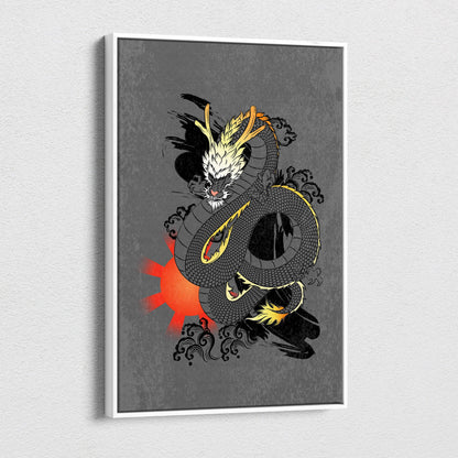 A framed gray japanese dragon canvas print featuring a black and gold stylized dragon with white accents on textured background