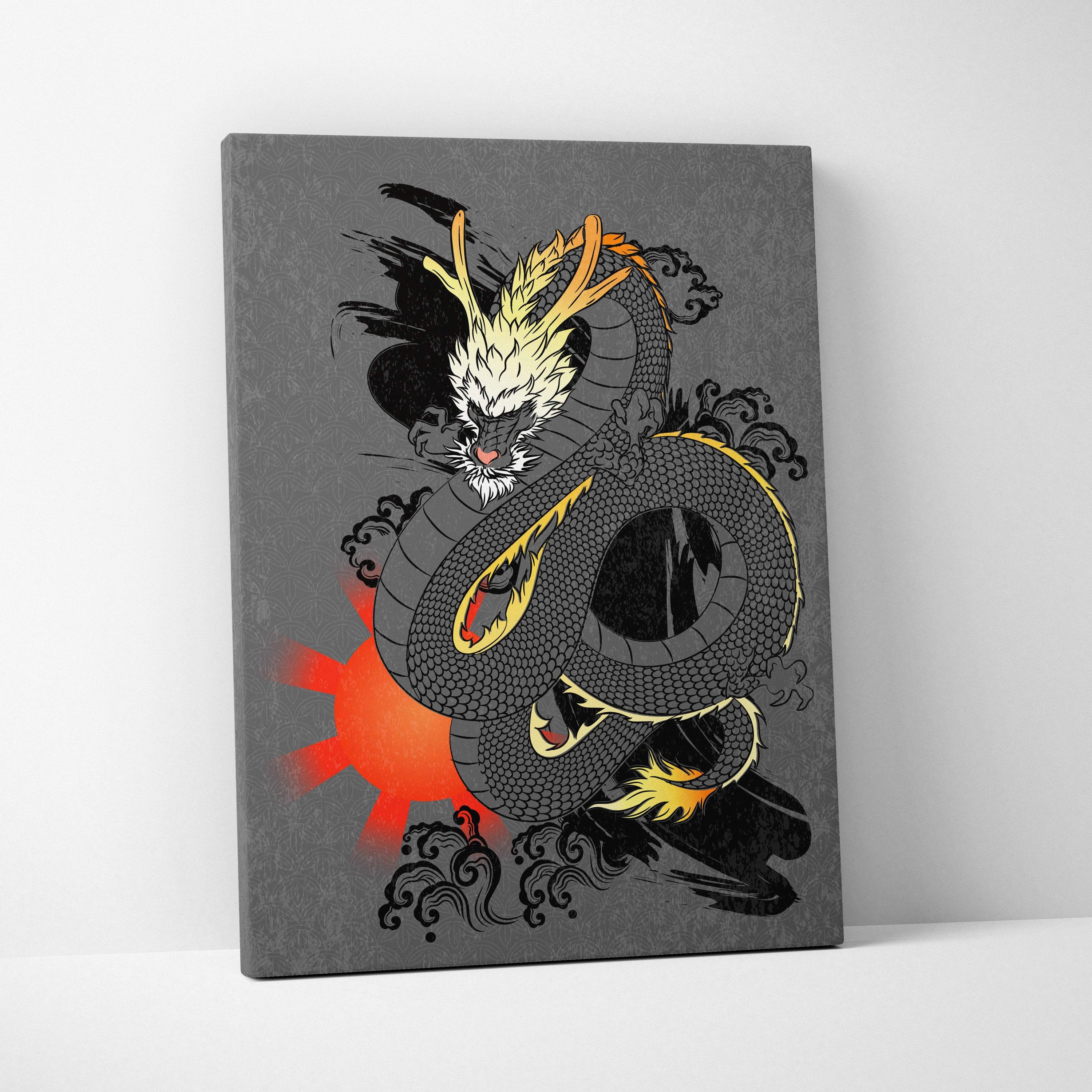 Gray japanese dragon canvas wall art with black and gold dragon, fiery orange accents, and traditional ink-style swirls on gray background