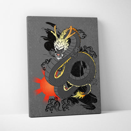 Gray japanese dragon canvas wall art with black and gold dragon, fiery orange accents, and traditional ink-style swirls on gray background
