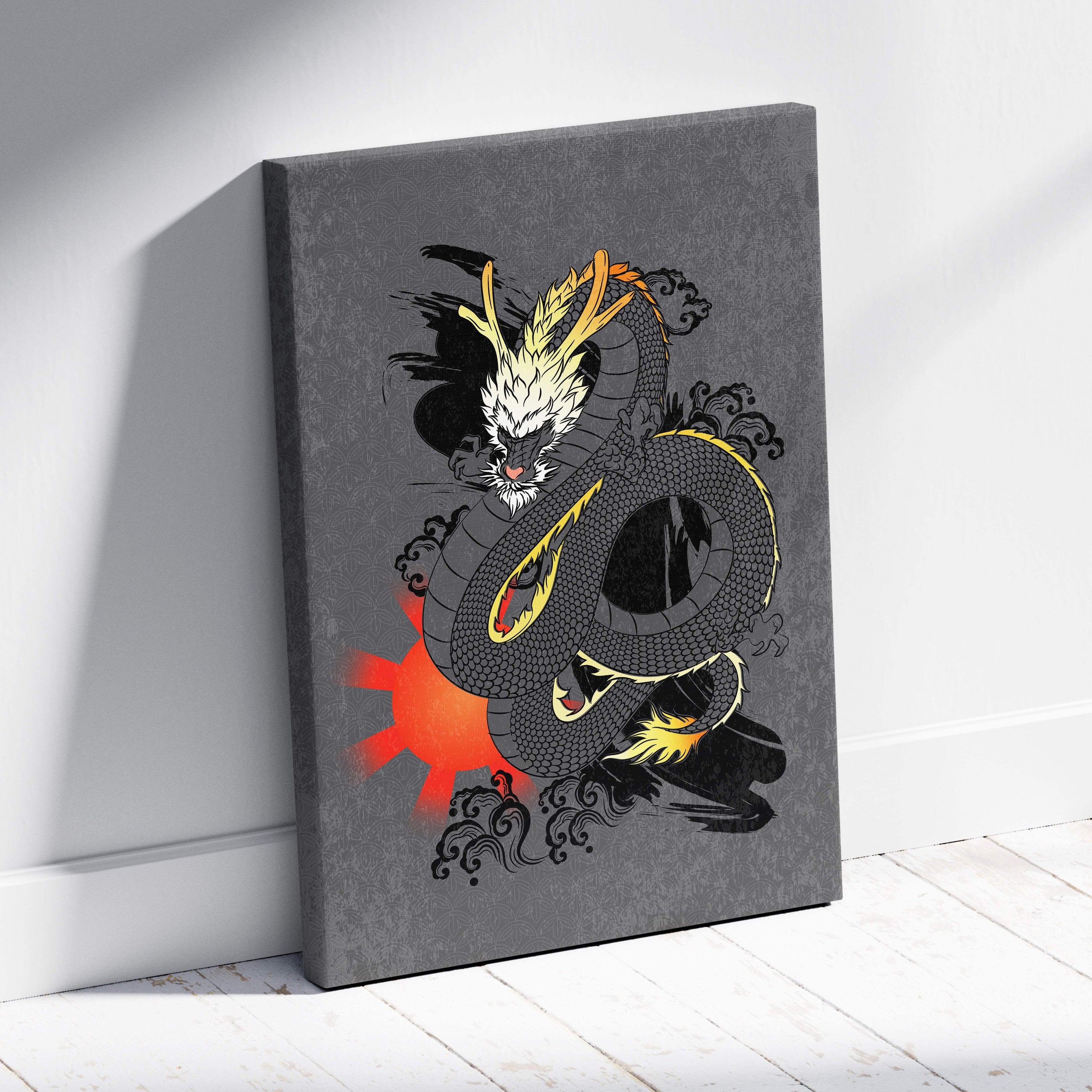 Gray canvas print of stylized Japanese dragon with black white and gold details for game room wall art decor