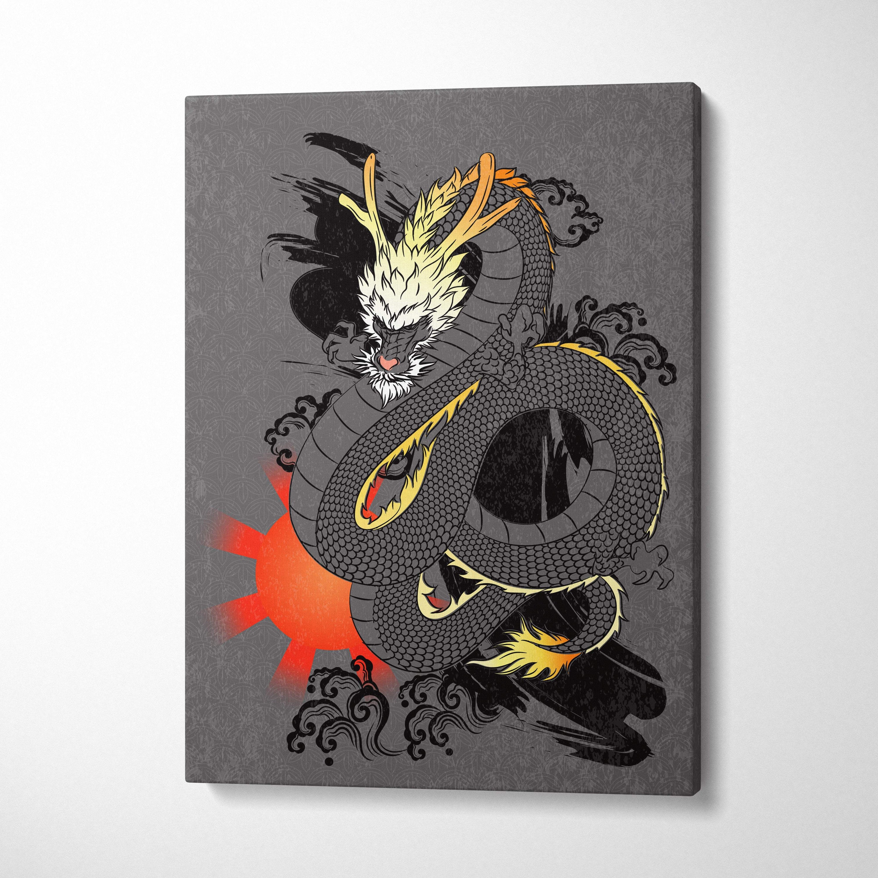 Gray Japanese dragon canvas wall art with black and gold scales red eyes and fiery accents on dark gray background