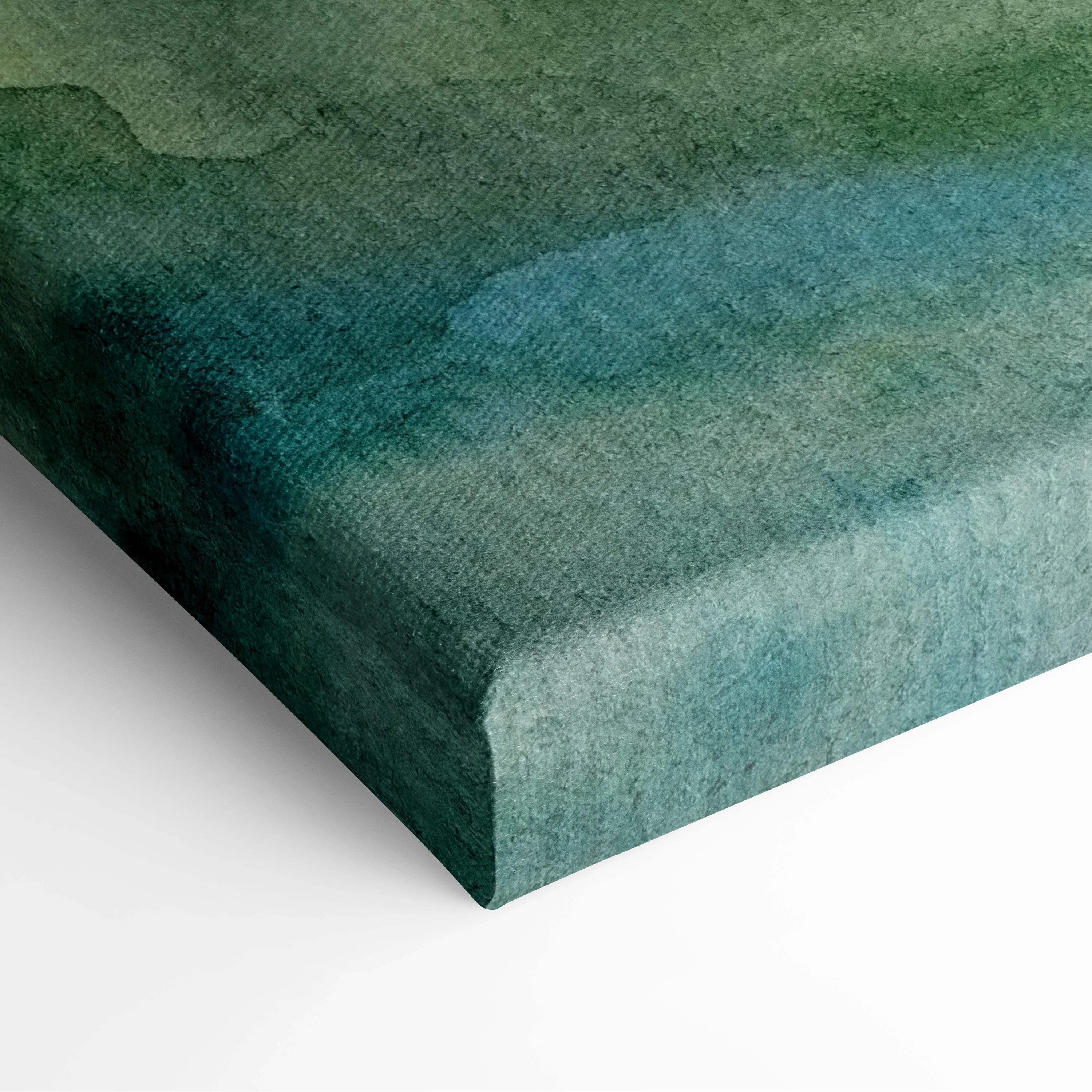 Serene watercolor mountain landscape canvas with emerald green to teal gradient