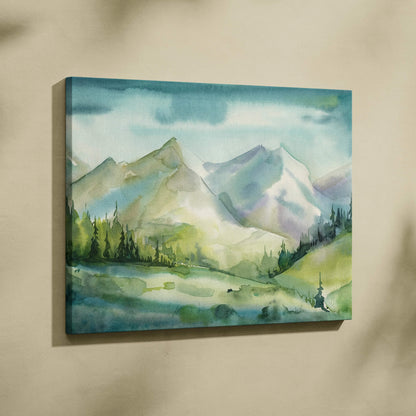 Serene watercolor mountain landscape canvas art with alpine lake, pine trees, soft green blue hues