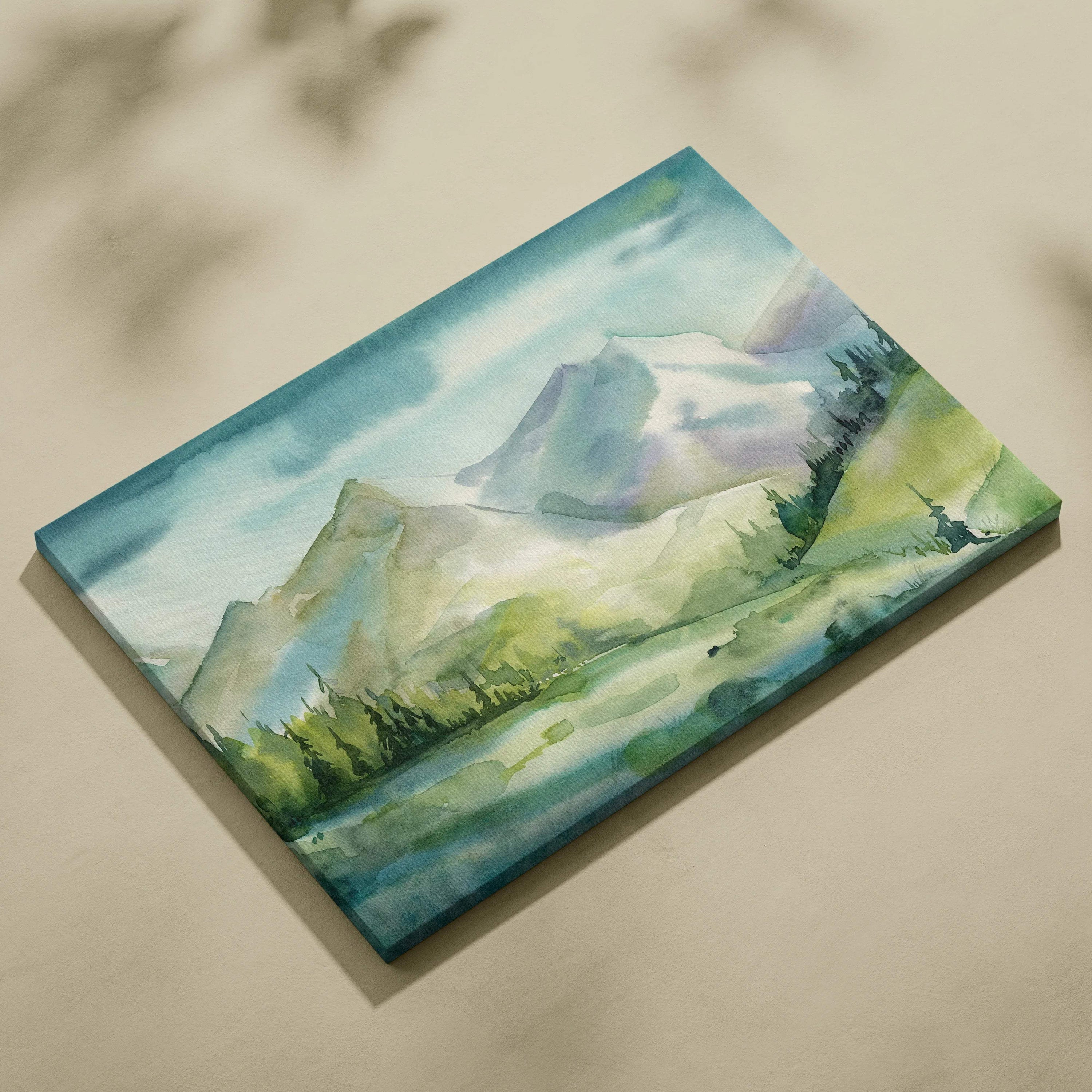 Serene watercolor mountain landscape canvas wall art with alpine lake, pine trees, soft green and blue hues