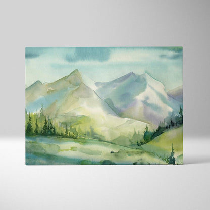 Serene watercolor mountain landscape canvas with alpine lake, pines, green valleys, blue hues