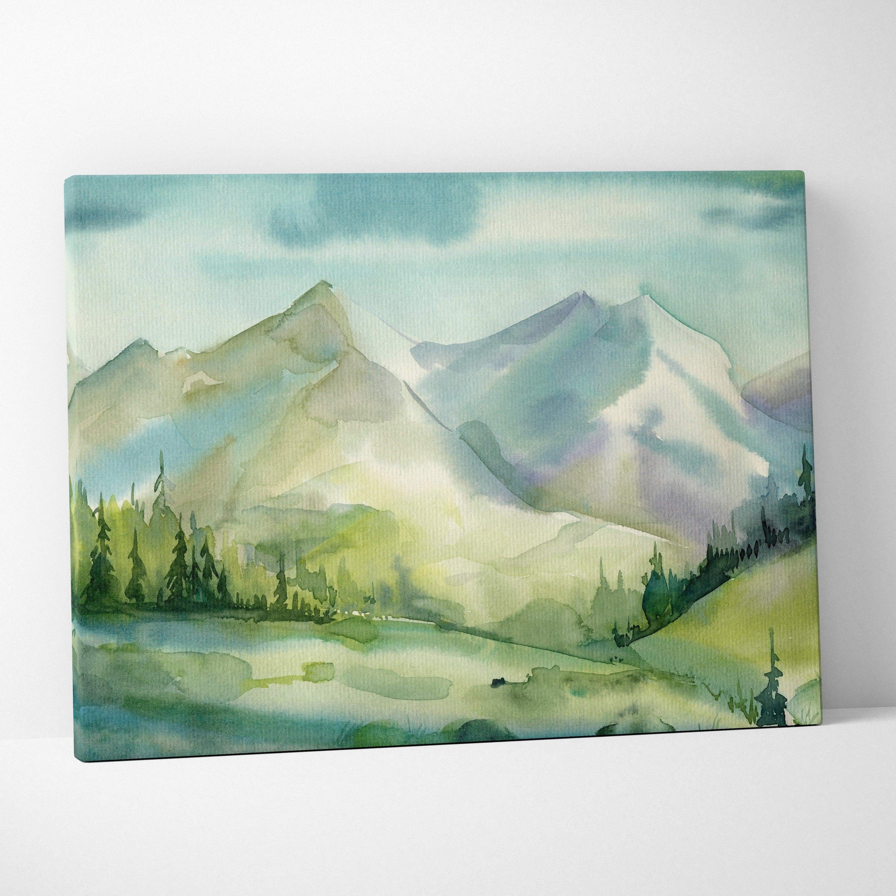 Serene watercolor mountain landscape canvas wall art with alpine lake and pine trees