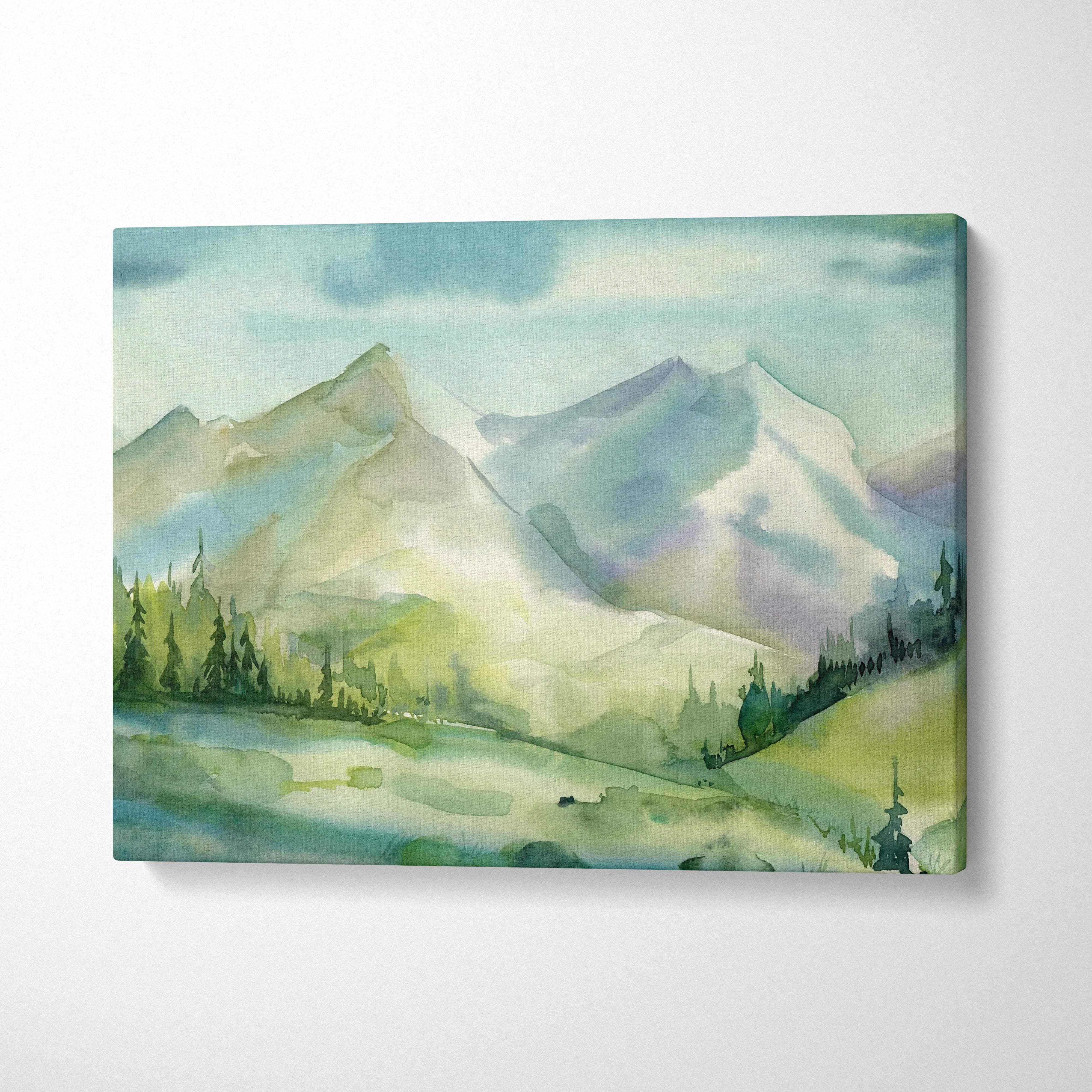 Serene watercolor mountain landscape canvas with alpine lake, pine trees, soft blues and greens