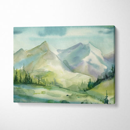 Serene watercolor mountain landscape canvas with alpine lake, pine trees, soft blues and greens