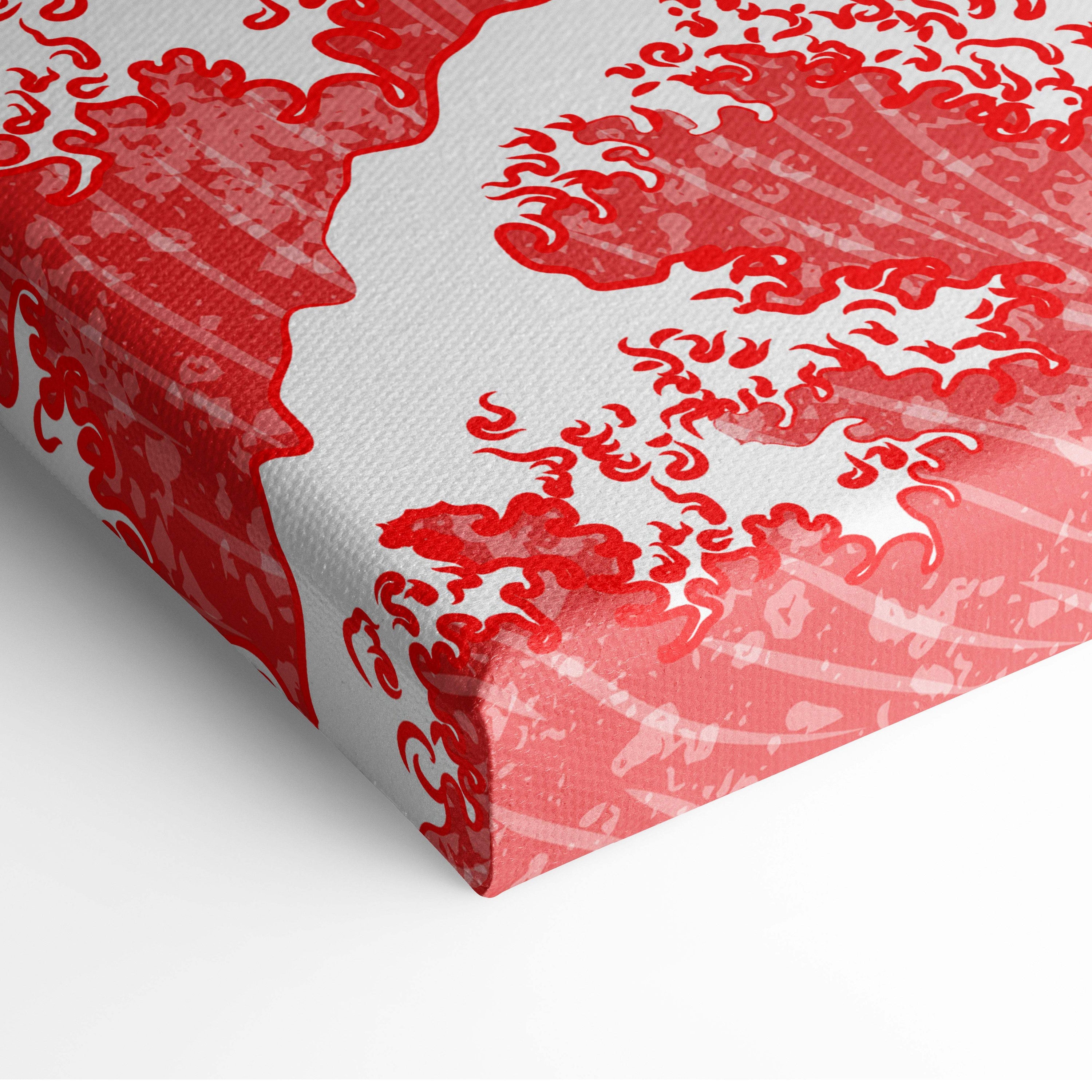 Red japanese dragon canvas wall art with bold red and white abstract wave pattern and textured distressed detailing