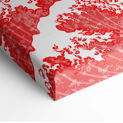 Red japanese dragon canvas wall art with bold red and white abstract wave pattern and textured distressed detailing
