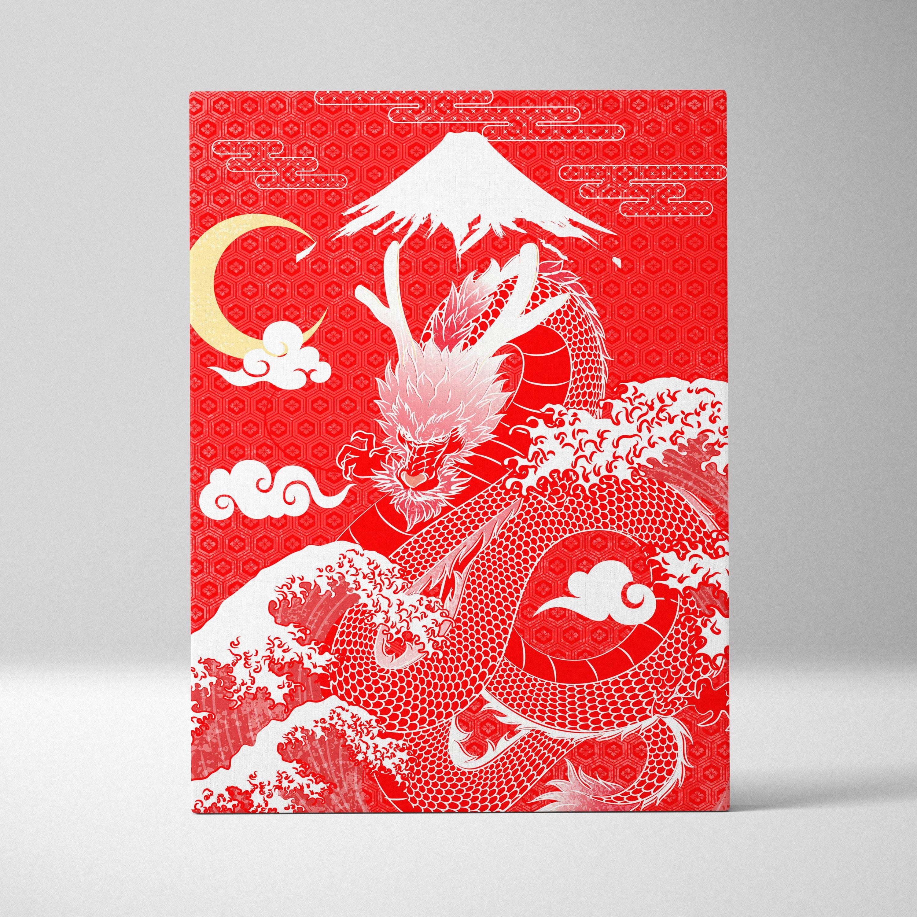 Red japanese dragon canvas wall art with white paper-cut style dragon coiled around waves mount fuji and crescent moon