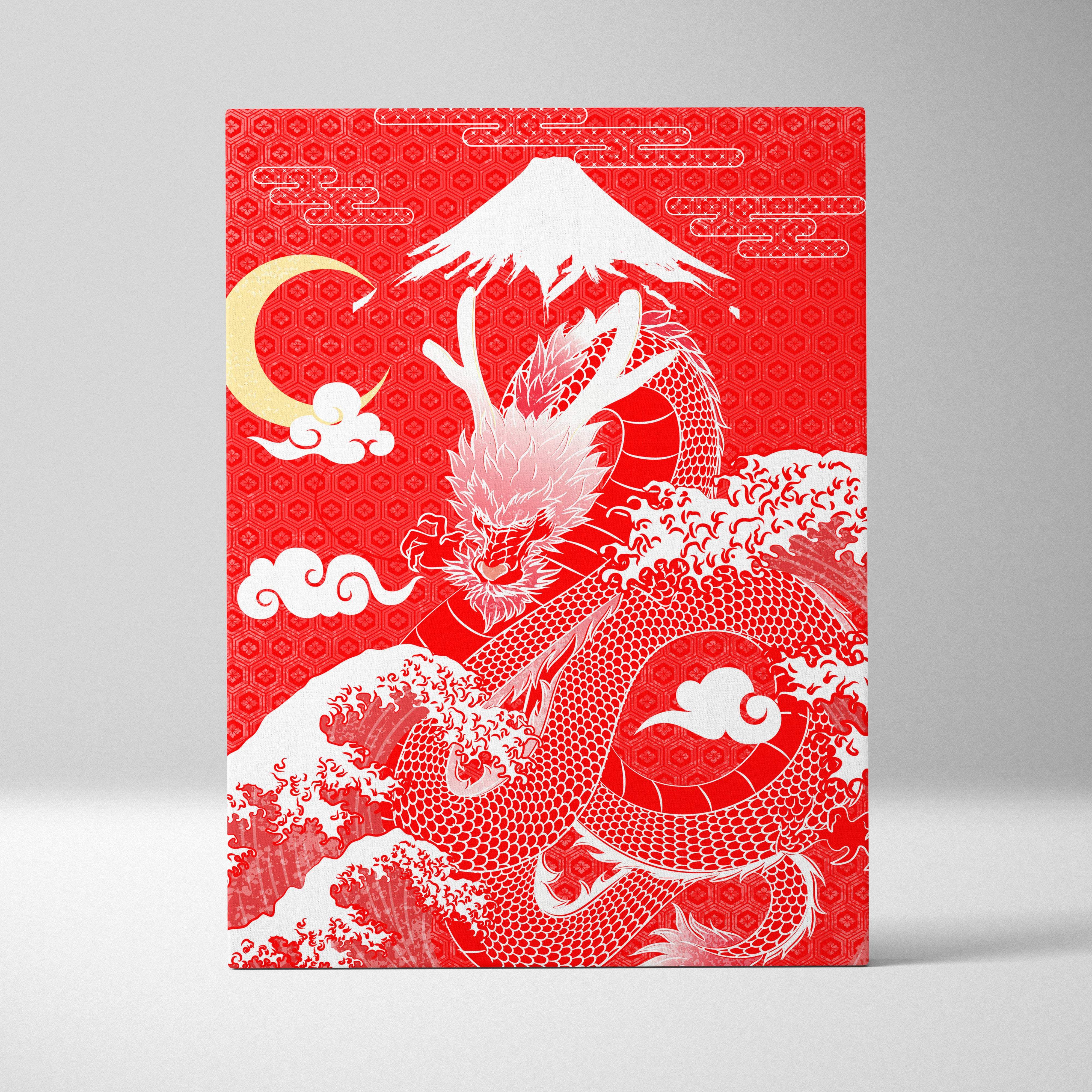 Red japanese dragon canvas wall art with white paper-cut style dragon coiled around waves mount fuji and crescent moon