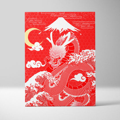 Red japanese dragon canvas wall art with white paper-cut style dragon coiled around waves mount fuji and crescent moon