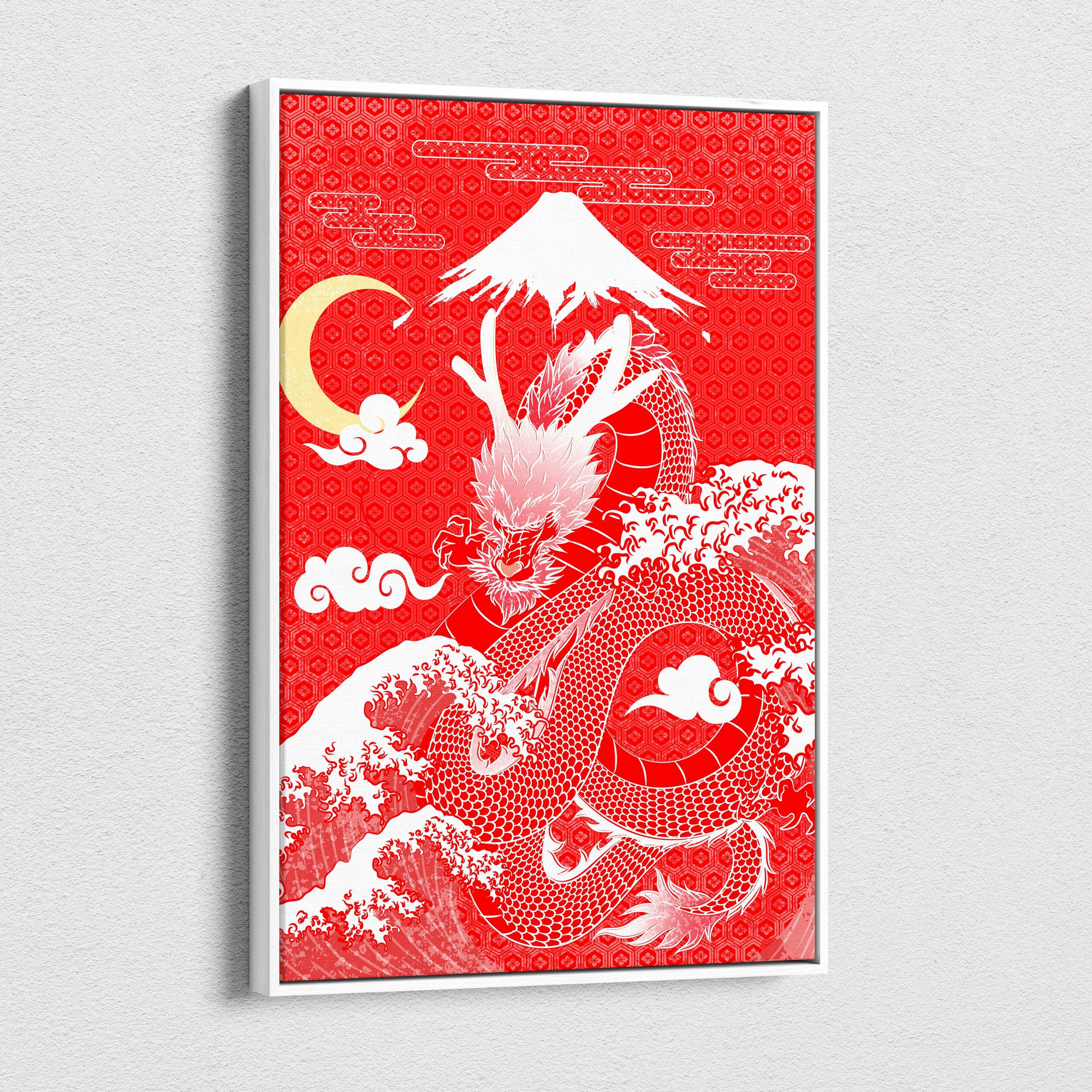 Red japanese dragon canvas wall art with vibrant red and white frame featuring dragon waves mount fuji and crescent moon