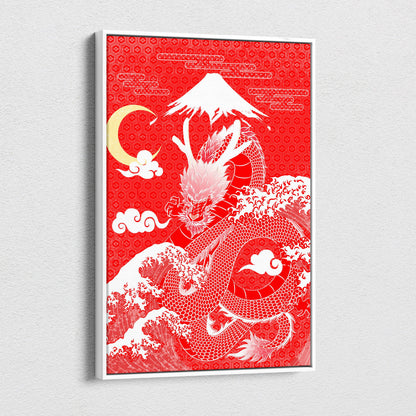 Red japanese dragon canvas wall art with vibrant red and white frame featuring dragon waves mount fuji and crescent moon