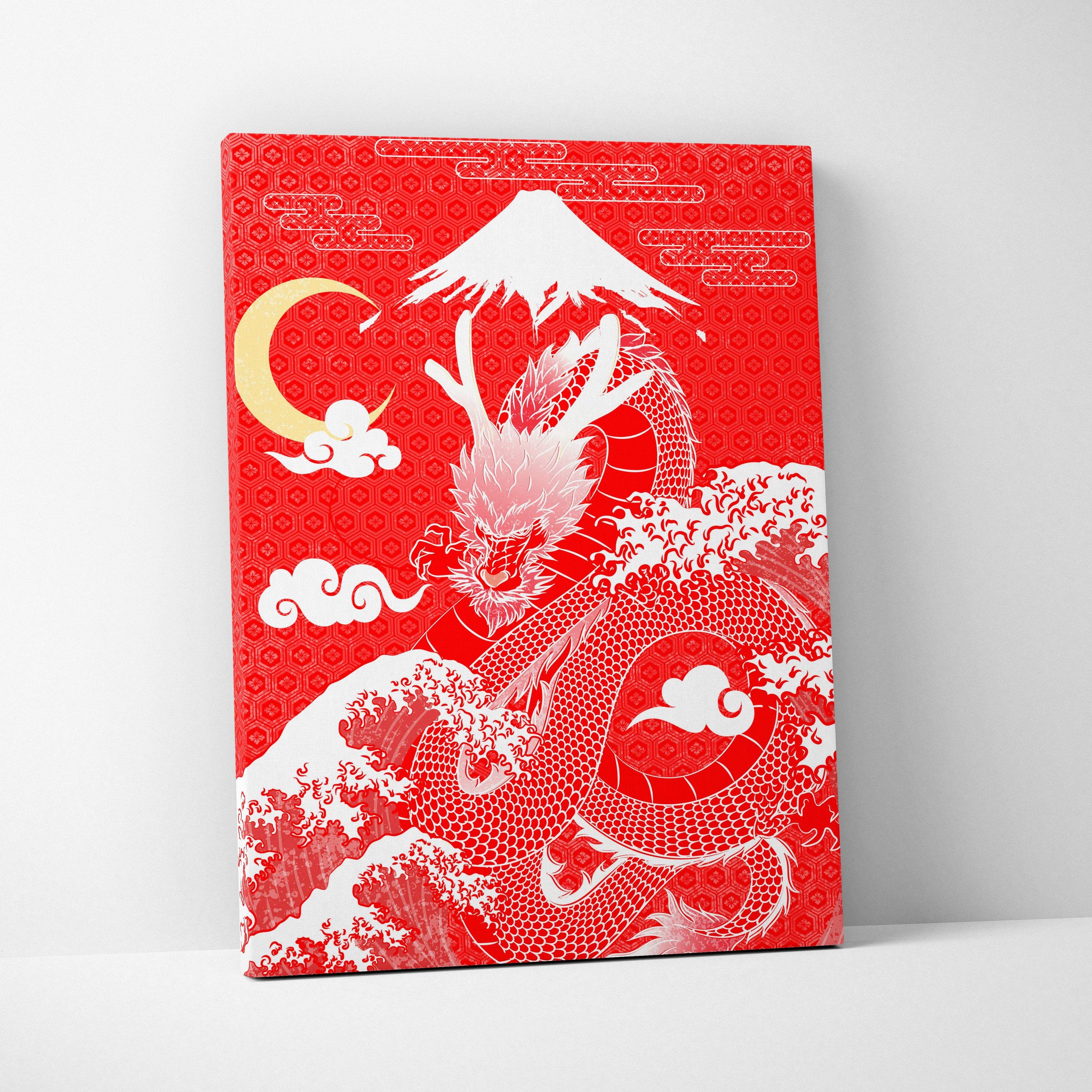 Red japanese dragon canvas wall art featuring a white dragon coiled around waves with mount fuji and crescent moon
