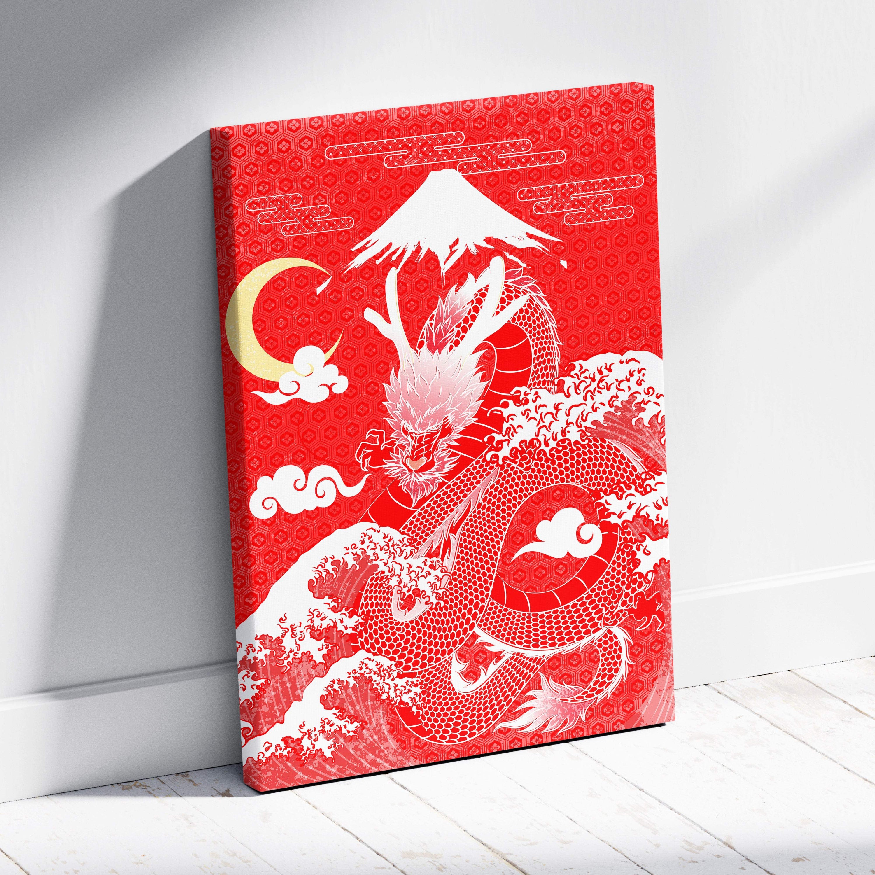 Red Japanese dragon canvas wall art featuring a white dragon coiled around waves with mount Fuji and a crescent moon