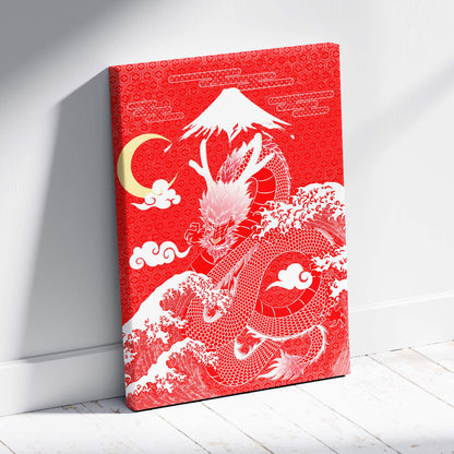 Red Japanese dragon canvas wall art featuring a white dragon coiled around waves with mount Fuji and a crescent moon