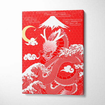 Red japanese dragon canvas wall art with white dragon coiled on waves mount fuji crescent moon bold mythical decor