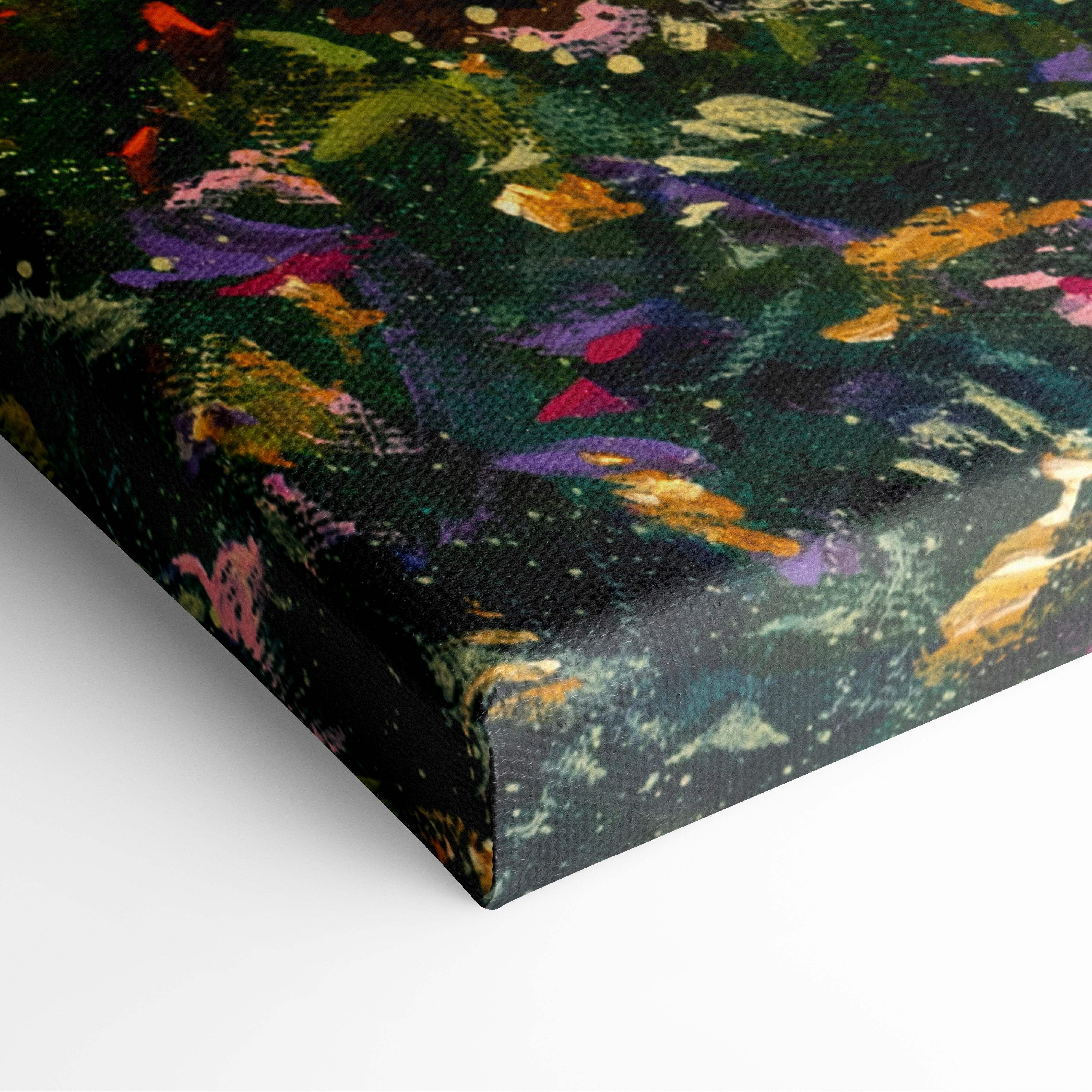 Golden meadow pathway wall art canvas print featuring vibrant purple orange pink and green abstract splashes on dark background