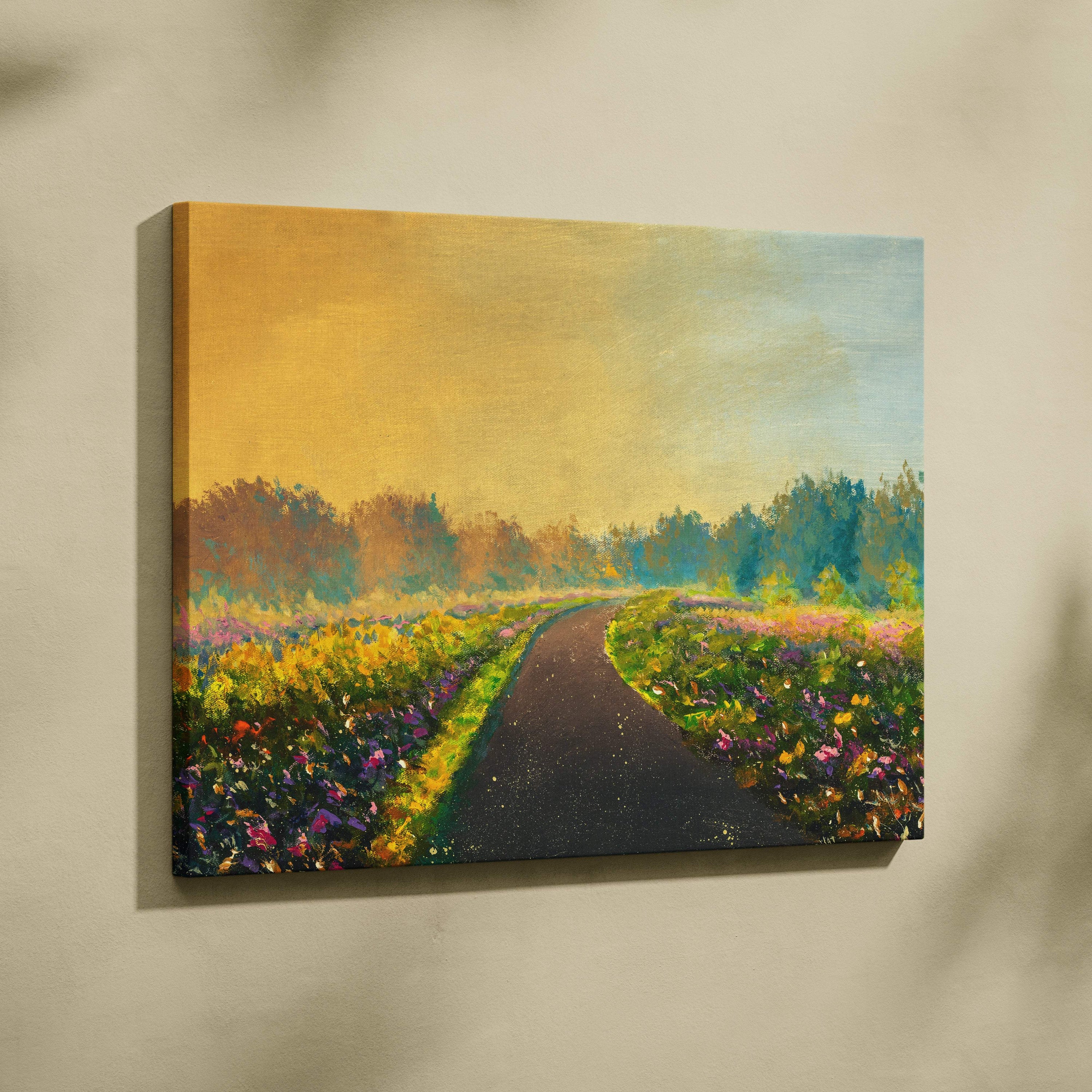A vibrant impressionistic canvas wall art featuring a winding path through a colorful sunlit wildflower field at sunset