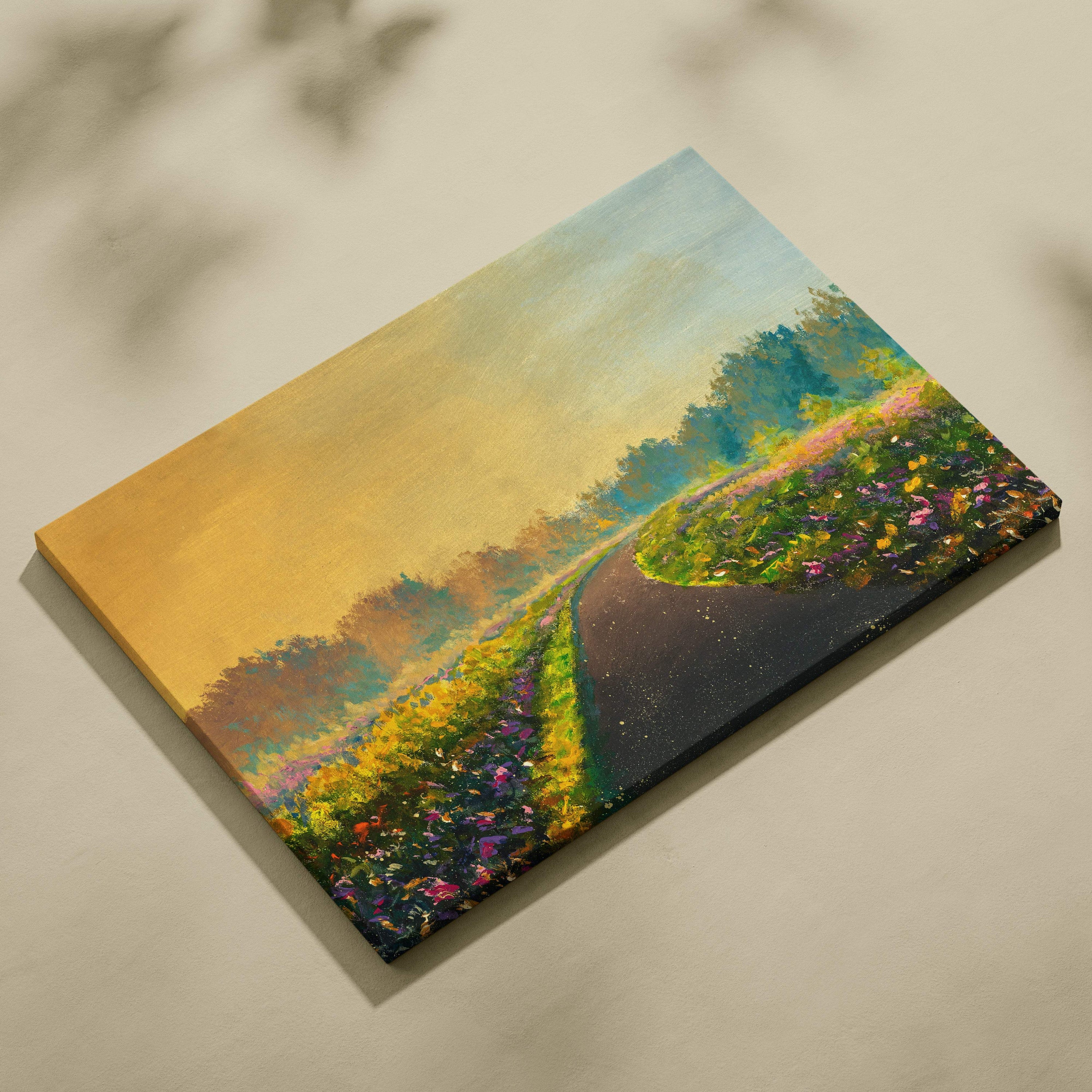 Vibrant impressionist canvas painting of winding road through colorful wildflowers under golden sky wall art
