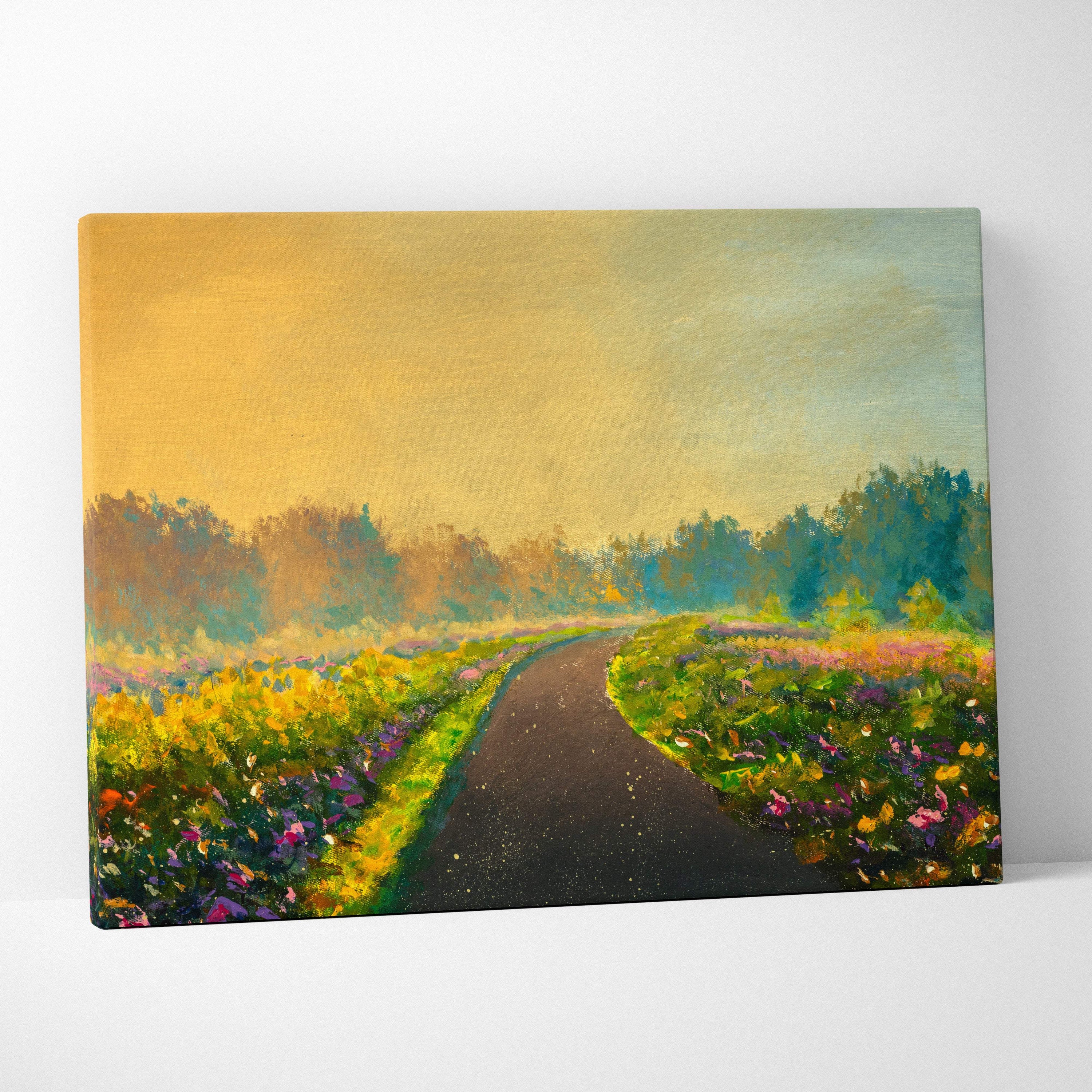 Golden meadow pathway painting style wall art with vibrant wildflower field and winding road on canvas print