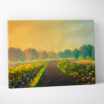 Golden meadow pathway painting style wall art with vibrant wildflower field and winding road on canvas print