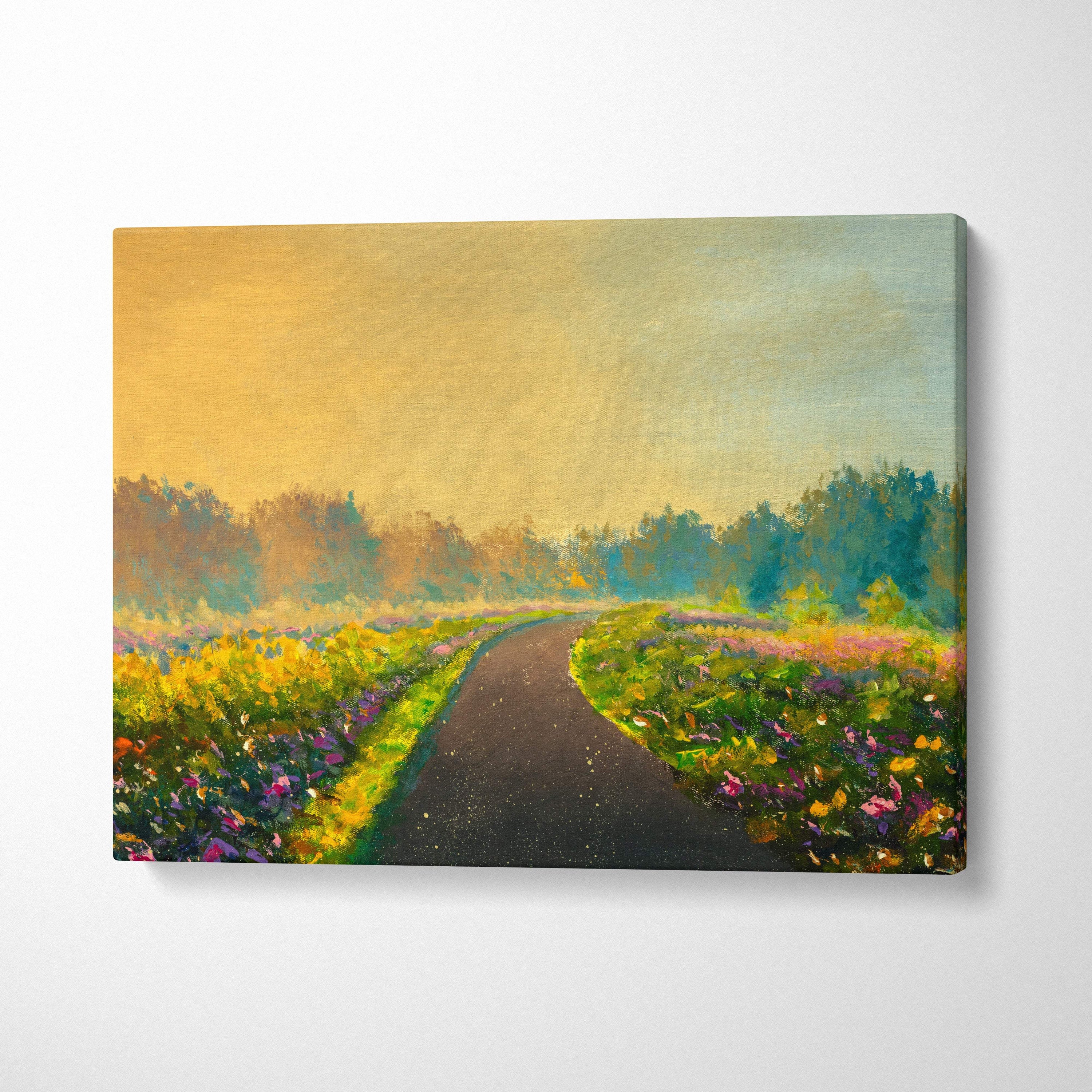 Golden meadow pathway painting style wall art showing a vibrant canvas print of a winding path through wildflowers