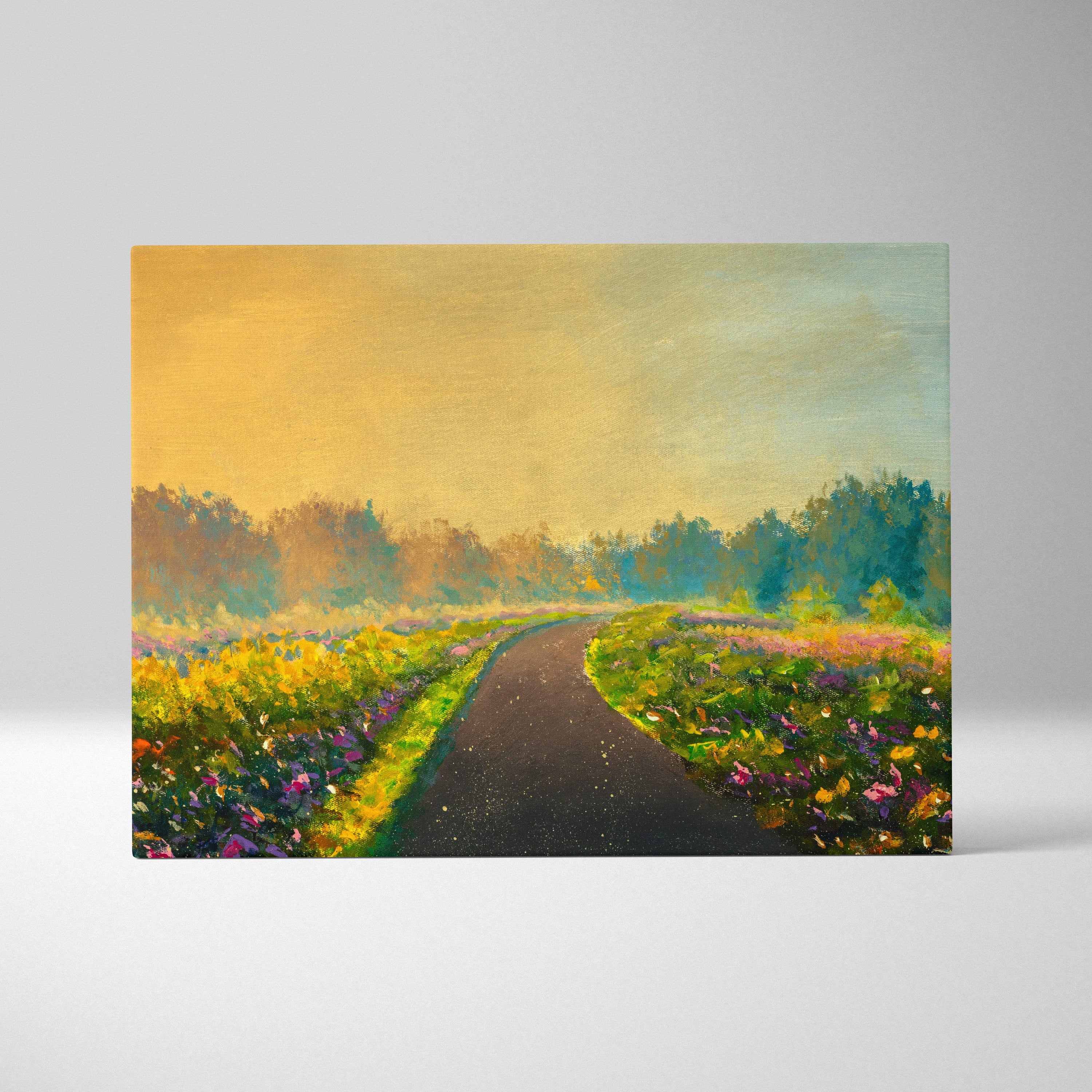 Golden meadow pathway painting style wall art canvas print with a vibrant winding asphalt road and colorful wildflowers