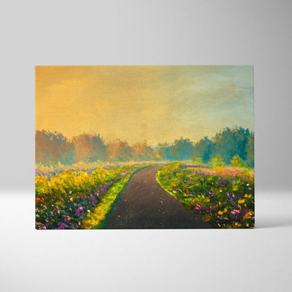 Golden meadow pathway painting style wall art canvas print with a vibrant winding asphalt road and colorful wildflowers