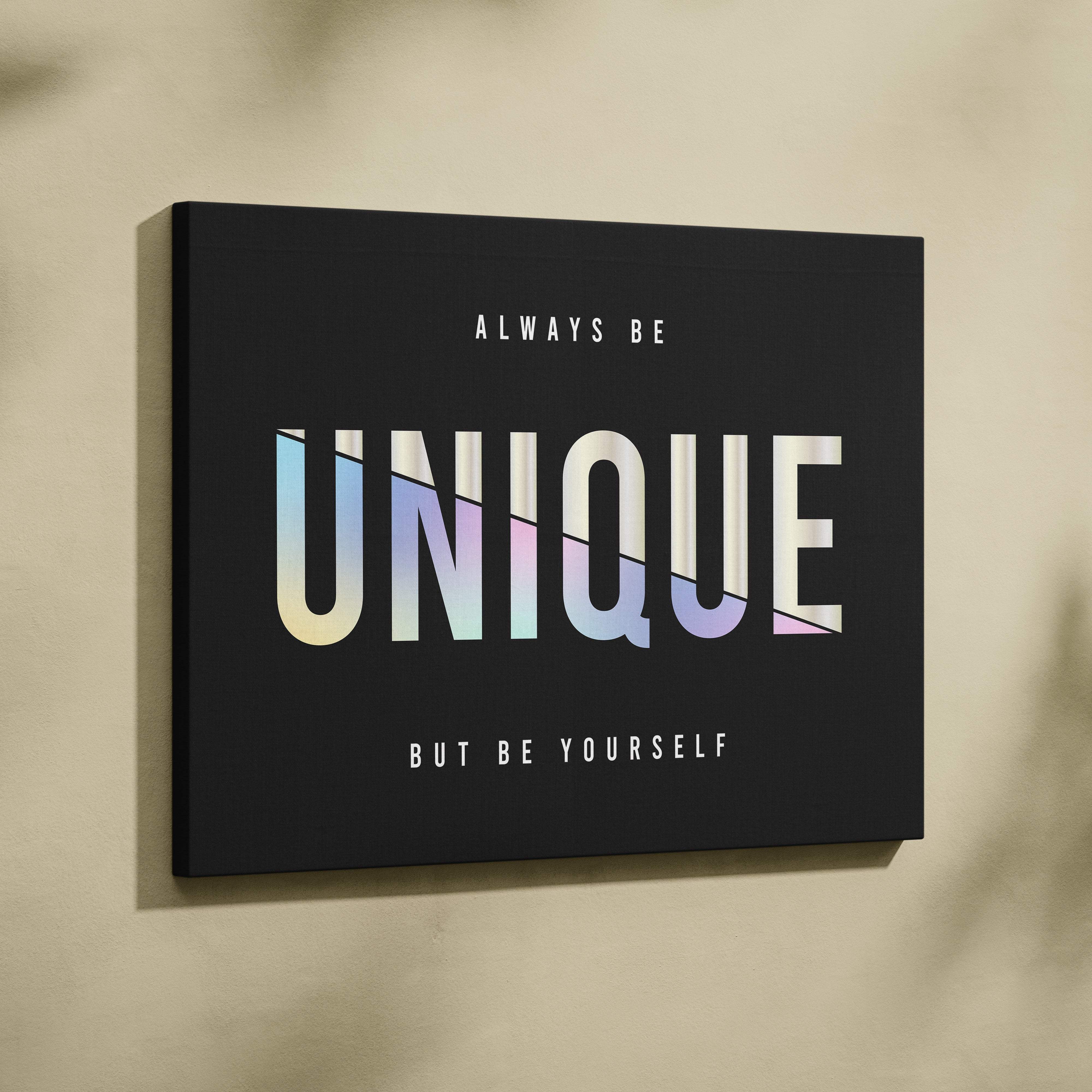 Black canvas wall art with bold iridescent unique lettering and white motivational text for bedroom or office decor