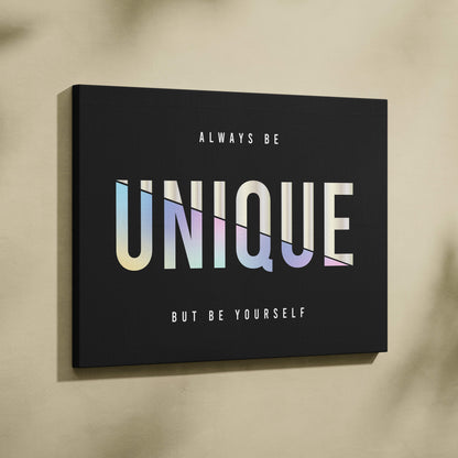 Black canvas wall art with bold iridescent unique lettering and white motivational text for bedroom or office decor