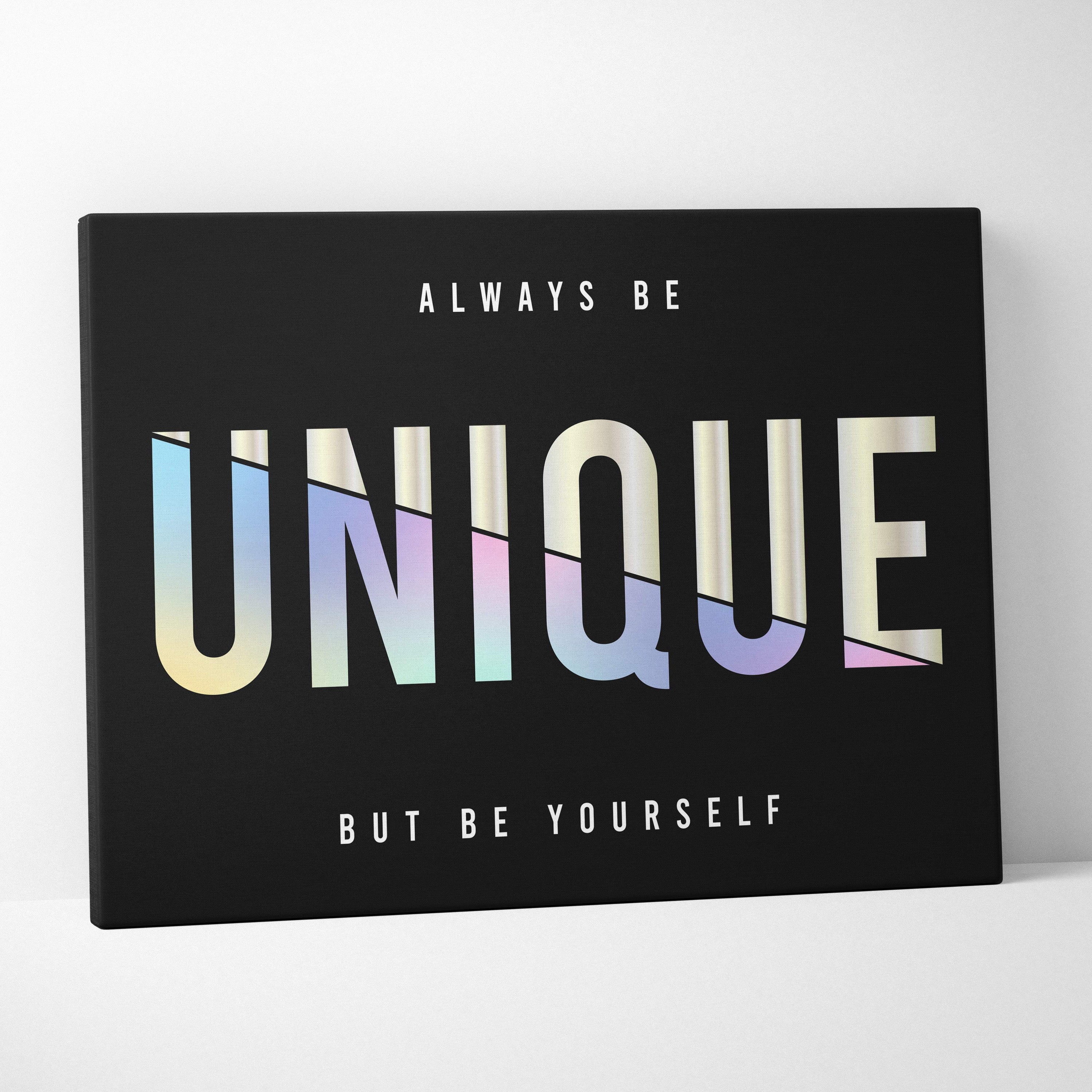 Black canvas print wall art with bold iridescent unique text for inspirational bedroom or office decor