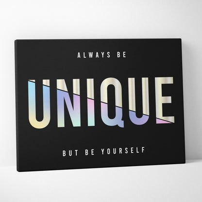 Black canvas print wall art with bold iridescent unique text for inspirational bedroom or office decor