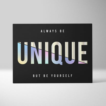 Black rectangular canvas wall art with unique iridescent gradient letters and motivational white text for bedroom or office