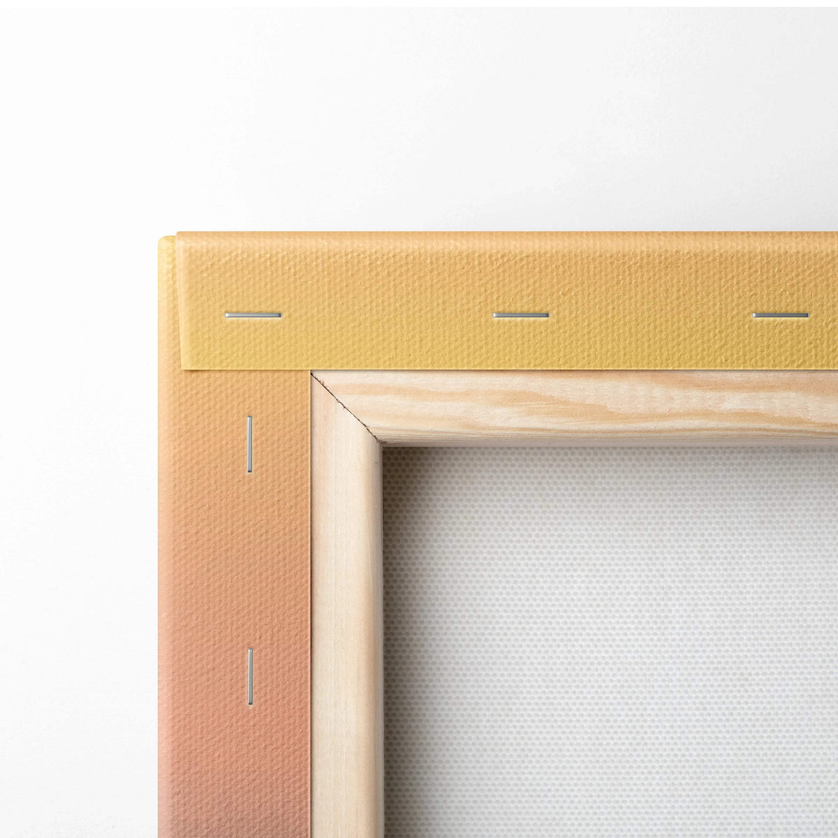 Minimalist light wood frame with mustard-yellow peach accents on abstract watercolor sunrise canvas