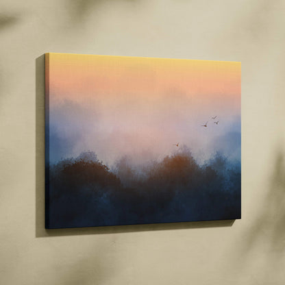 Abstract watercolor sunrise landscape with moody blue forest silhouettes and soft orange sky canvas print