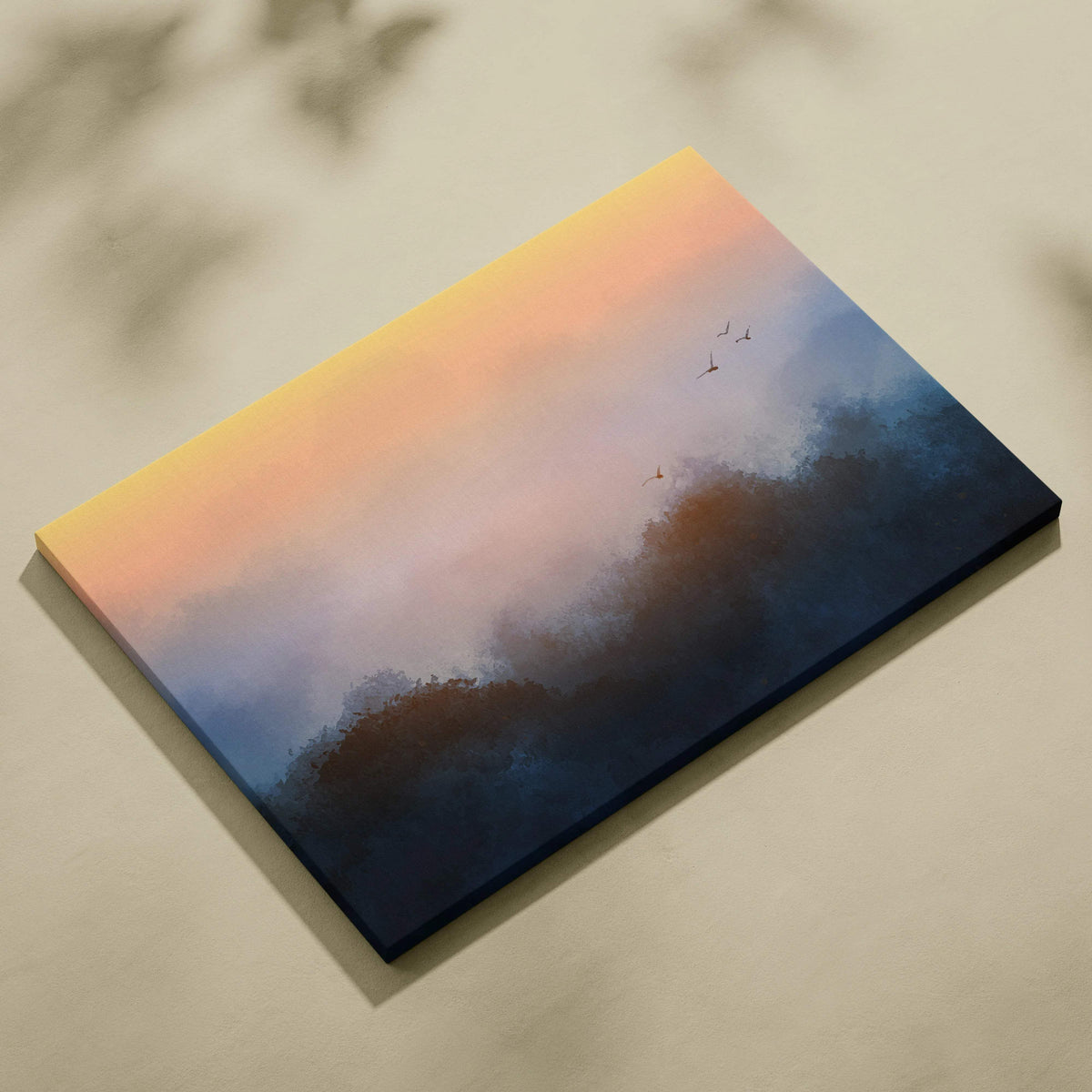 Abstract watercolor sunrise canvas with moody blue forest silhouettes and soft orange sky