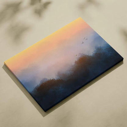 Abstract watercolor sunrise canvas with moody blue forest silhouettes and soft orange sky
