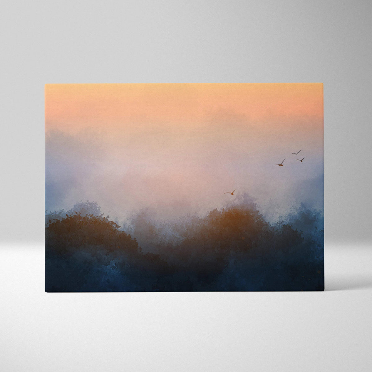 Abstract watercolor sunrise canvas print with moody blue forest silhouettes