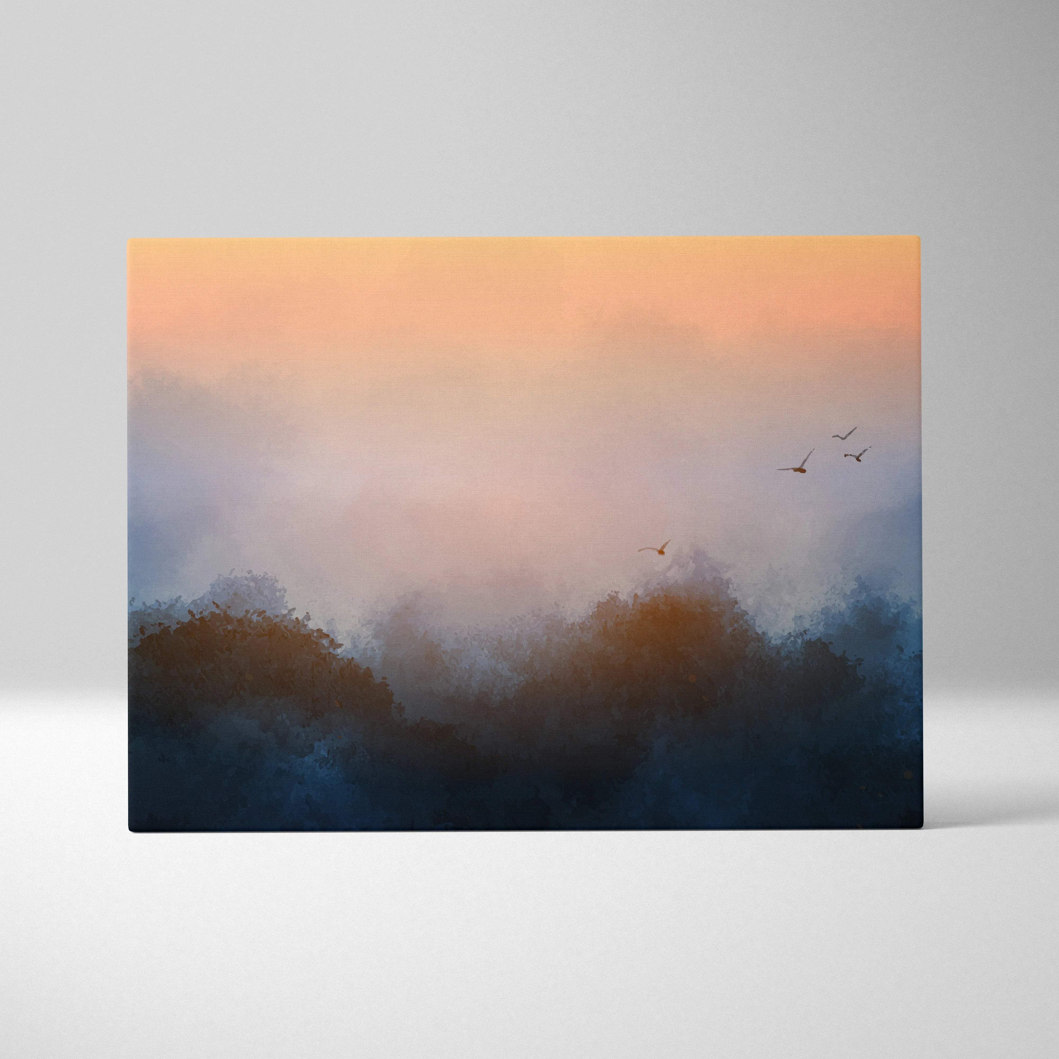 Abstract watercolor sunrise canvas print with moody blue forest silhouettes