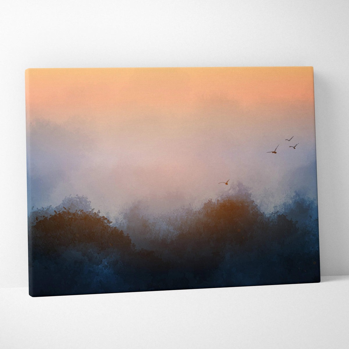 Abstract watercolor sunrise canvas print with moody blue forest silhouettes