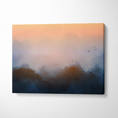 Abstract watercolor sunrise canvas with moody blue forest silhouettes