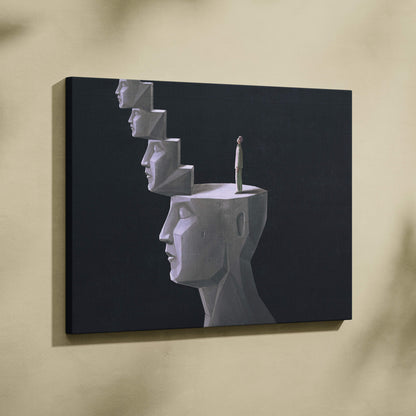 Minimalist canvas print featuring a gray geometric human head sculpture with a small figure on top for modern office decor