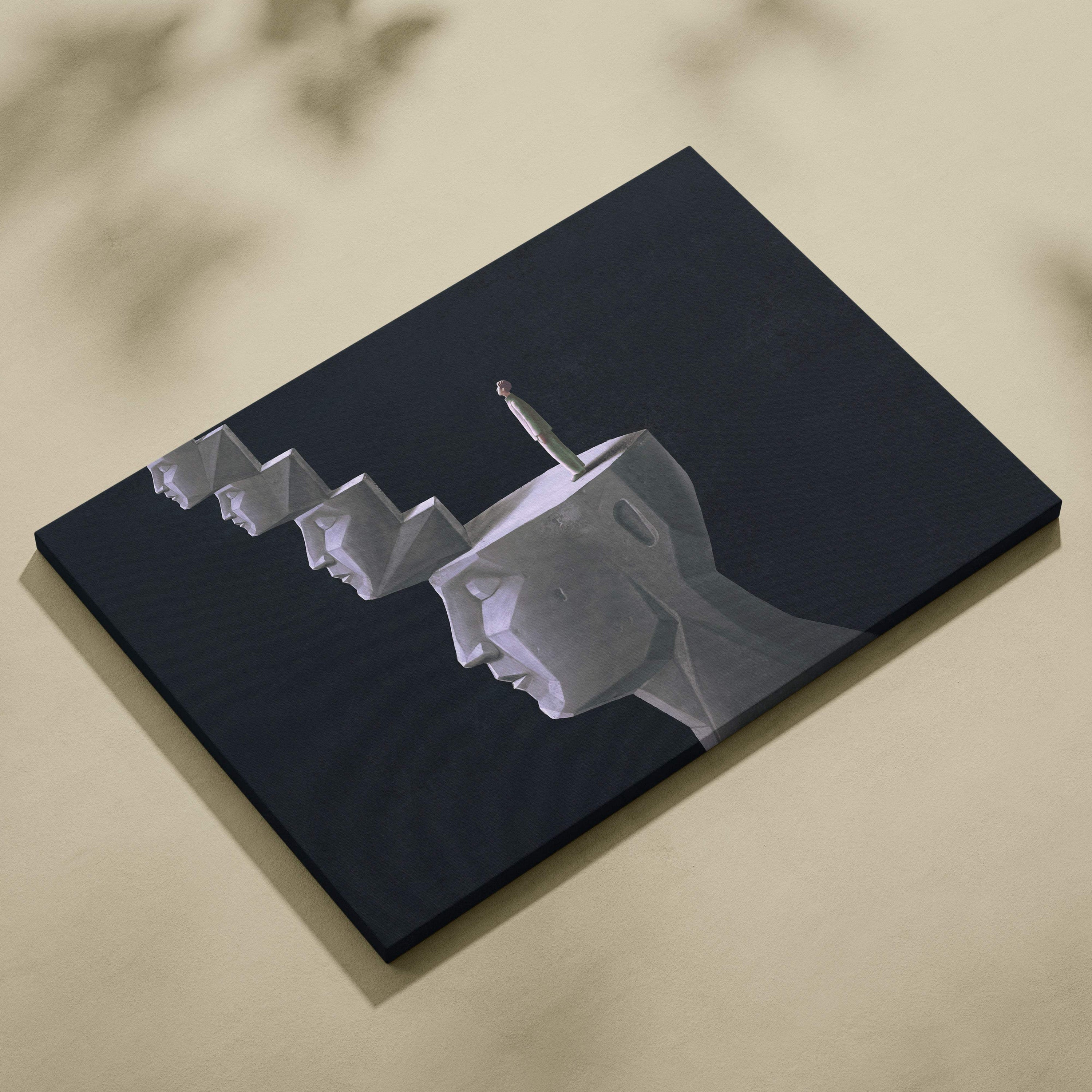 Contemporary black canvas wall art featuring a geometric white head with a cigarette in a dark surreal style